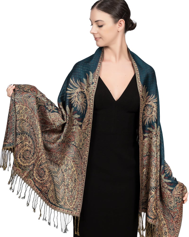 Achillea Soft Silky Reversible Paisley Pashmia Shawl Wrap Scarf w/Fringes (Big Paisley Teal) - Image 1